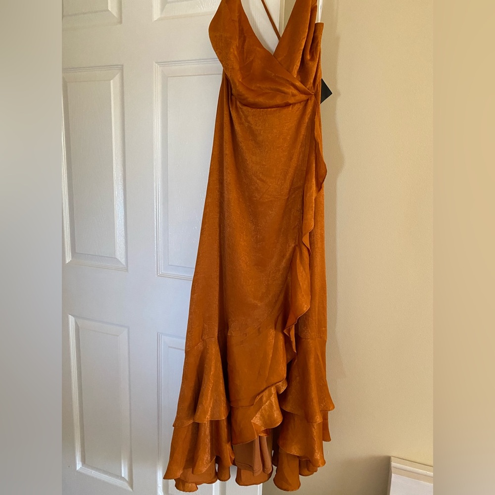 Lulus “In Love Forever” Rust Orange Satin Lace-Up High-Low Maxi Dress